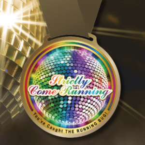 Strictly Come Running finisher medal featuring rainbow disco ball design with gold ribbon – The Running Bug virtual race