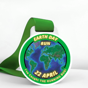 Earth Day Run finisher medal with green ribbon featuring world map design and 22 April date – The Running Bug virtual race