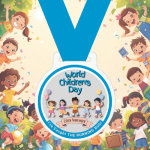 World Children’s Day Virtual Run 2026 white acrylic children’s finisher medal with blue ribbon