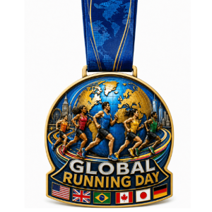 Gold Global Running Day medal with runners and flags