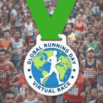 Global Running Day Virtual Race 2026 White finishers medal with a man running with the map of the world in the background. The text reads "GLOBAL RUNNING DAY" along the top and "VIRTUAL RACE" along the bottom