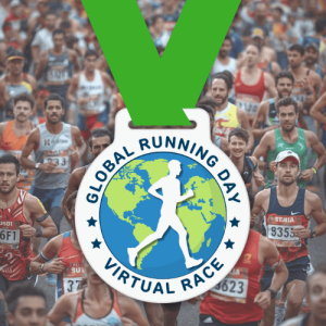 White finishers medal with a man running with the map of the world in the background. The text reads "GLOBAL RUNNING DAY" along the top and "VIRTUAL RACE" along the bottom