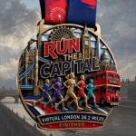 Run The Capital Virtual London 26.2 Miles Finisher Medal featuring London landmarks, Big Ben, Tower Bridge, red double-decker bus and marathon runners