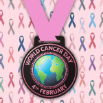 World Cancer Day medal featuring a pink cancer awareness ribbon on a black circular design
