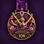 International Women’s Day 10K medal with triumphant runner
