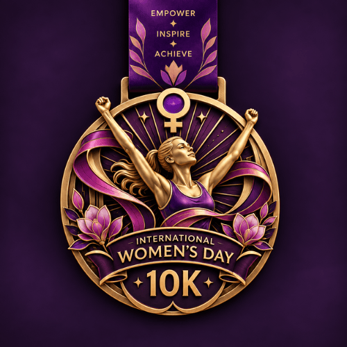 International Women’s Day 10K medal with triumphant runner