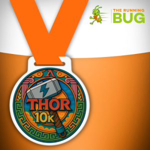A circular Thor-themed 10k medal featuring Thor’s Hammer. The hammer has detailed engravings and appears metallic with shades of silver and grey. Surrounding the hammer is a vivid background of swirling orange and gold tones. Greek-inspired patterns in dark blue and teal form a decorative border around the medal’s edge. The words “THOR 10K” are displayed boldly in bright red and gold letters beneath the hammer.