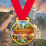 7 Wonders Marathon finisher medal featuring the Great Wall of China, Christ the Redeemer, Taj Mahal, Colosseum and other world landmarks