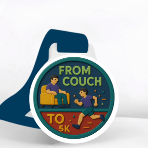 From Couch to 5K Virtual Race medal showing a person running away from a sofa with text From Couch to 5k
