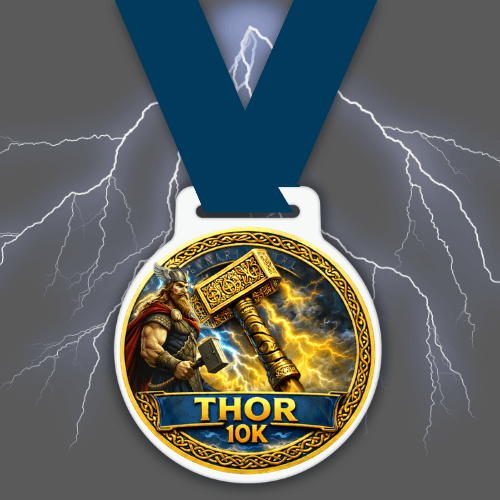 Thor 10K Finisher Medal with Mjolnir and Lightning Thor 10K medal with lightning background