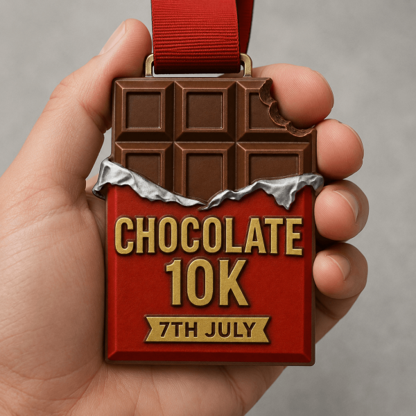 Chocolate 10k Virtual Race Medal Chocolate-themed 10K medal held in hand