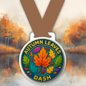 Autumn Leaves Dash Virtual Race medal featuring colourful autumn leaves design for any distance running challenge