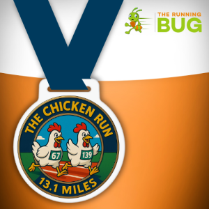 Colourful cartoon-style medal for "The Chicken Run" Half Marathon, featuring two animated chickens with race bibs running on a red athletics track. The medal displays the event title "THE CHICKEN RUN" at the top and the distance "13.1 MILES" at the bottom, all set within a vibrant circular design using bold colours like blue, green, yellow, and red. Perfect for the virtual half marathon held on International Respect for Chickens Day, 4th May 2026.