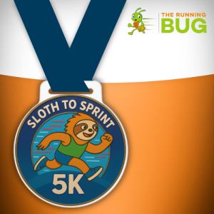 Illustrated “Sloth to Sprint 5K” virtual race medal featuring a cheerful cartoon sloth in green vest and blue shorts mid-run against a dynamic blue background with red and light blue motion lines, symbolising speed and progress. The medal is round with a dark blue border and bold white text reading “SLOTH TO SPRINT” at the top and “5K” at the bottom. Designed to celebrate participation in the 20 October 2025 virtual 5K race, the medal embodies fun, motivation, and achievement for runners and walkers of all fitness levels
