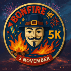 Circular medal illustrated Bonfire 5K for virtual race on 5th November, featuring a Guy Fawkes mask, fireworks, bonfires, and bold red and gold text on a navy background.