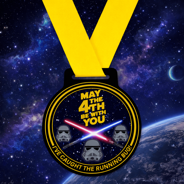 May the 4th themed running medal with yellow ribbon, lightsabers and stormtrooper design on a space background