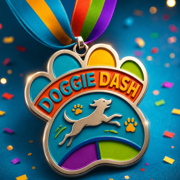 Doggie Dash Medal Colourful Doggie Dash paw-shaped medal with ribbon