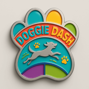 Doggie Dash virtual race medal—colorful paw-shaped logo with a running dog and paw prints for World Dog Day