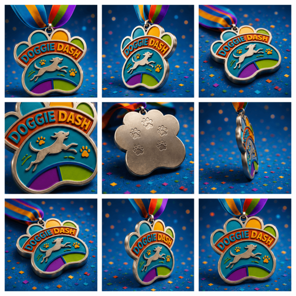 Colourful Doggie Dash paw-shaped medal with ribbon
