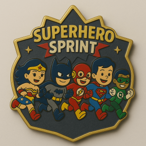Superhero Sprint virtual race medal with heroes running under “Superhero Sprint” text.