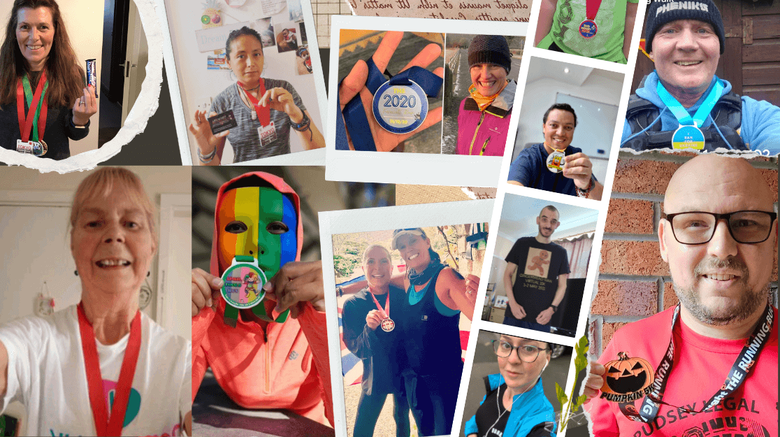 Runners proudly showing medals after UK fun runs and charity races celebrating fitness achievements