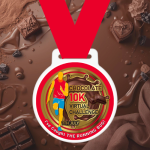 Chocolate 10K virtual challenge medal featuring a runner silhouette, chocolate-themed background and a red ribbon