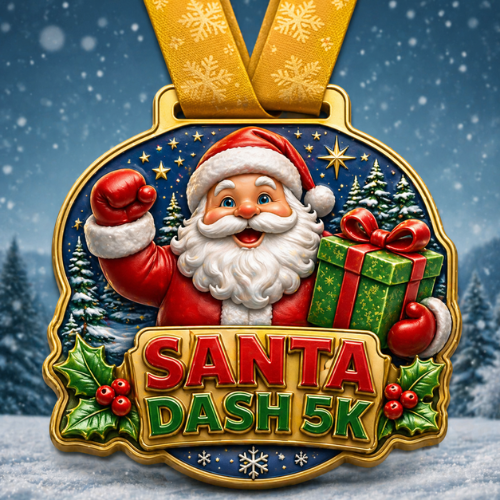 Santa Dash 5K Finisher Medal – Festive Christmas Challenge Colorful Santa Dash 5K finisher medal featuring a smiling Santa Claus holding a Christmas gift, with snowy pine trees, holly leaves, stars, and a gold ribbon in a winter holiday theme.