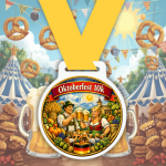 Oktoberfest 10K Virtual Race medal featuring Bavarian couple, beer steins and alpine festival scene
