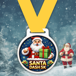 Santa Dash 5K Virtual Race medal featuring festive Christmas design and Santa theme