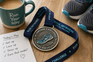 Virtual running challenge medal beside running shoes and motivational note on a wooden table