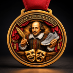 Renaissance playwright medal holding quill and trainer