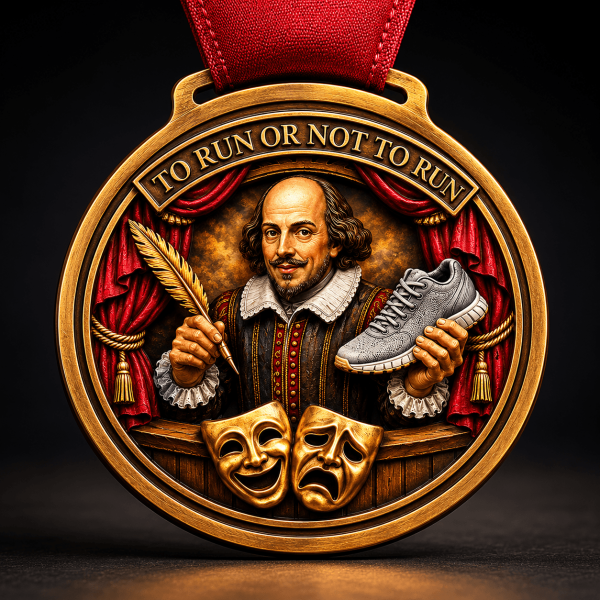 To Run Or Not To Run Virtual Race Medal Renaissance playwright medal holding quill and trainer