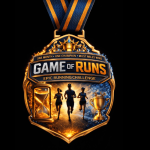 Gold running challenge medal with runners and trophy