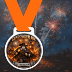 Gunpowder 10K medal with fireworks and Guy Fawkes