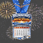 New Year running challenge medal with fireworks