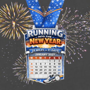 New Year running challenge medal with fireworks