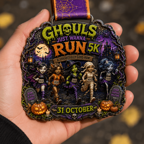 Halloween-themed 5K medal with cartoon ghouls