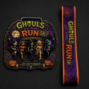 Halloween 5K medal with cartoon ghouls running