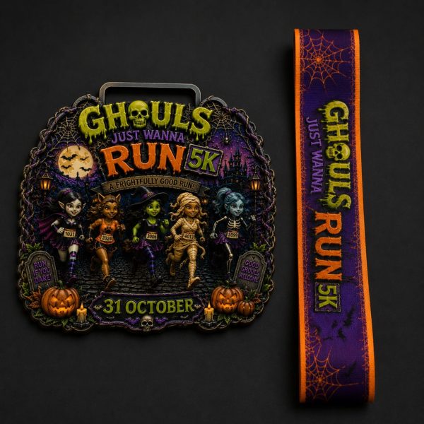 Ghouls Just Wanna Run 5k Medal and Ribbon Halloween 5K medal with cartoon ghouls running
