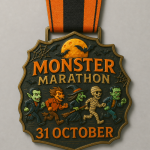 Halloween-themed Monster Marathon finisher medal with orange and black ribbon, featuring vampire, werewolf, witch, mummy, and Frankenstein characters running beneath a full moon with “31 October” text.