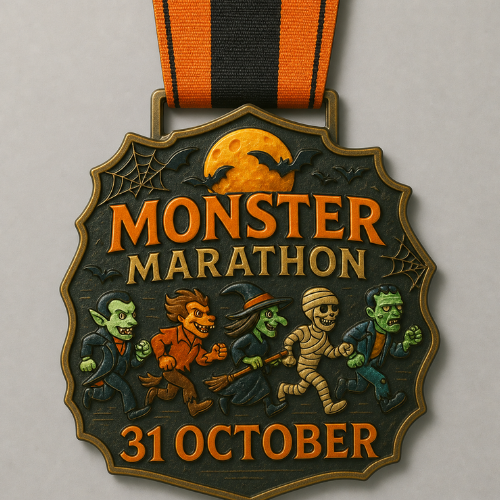 Monster Marathon Halloween Medal Halloween-themed Monster Marathon finisher medal with orange and black ribbon, featuring vampire, werewolf, witch, mummy, and Frankenstein characters running beneath a full moon with “31 October” text.