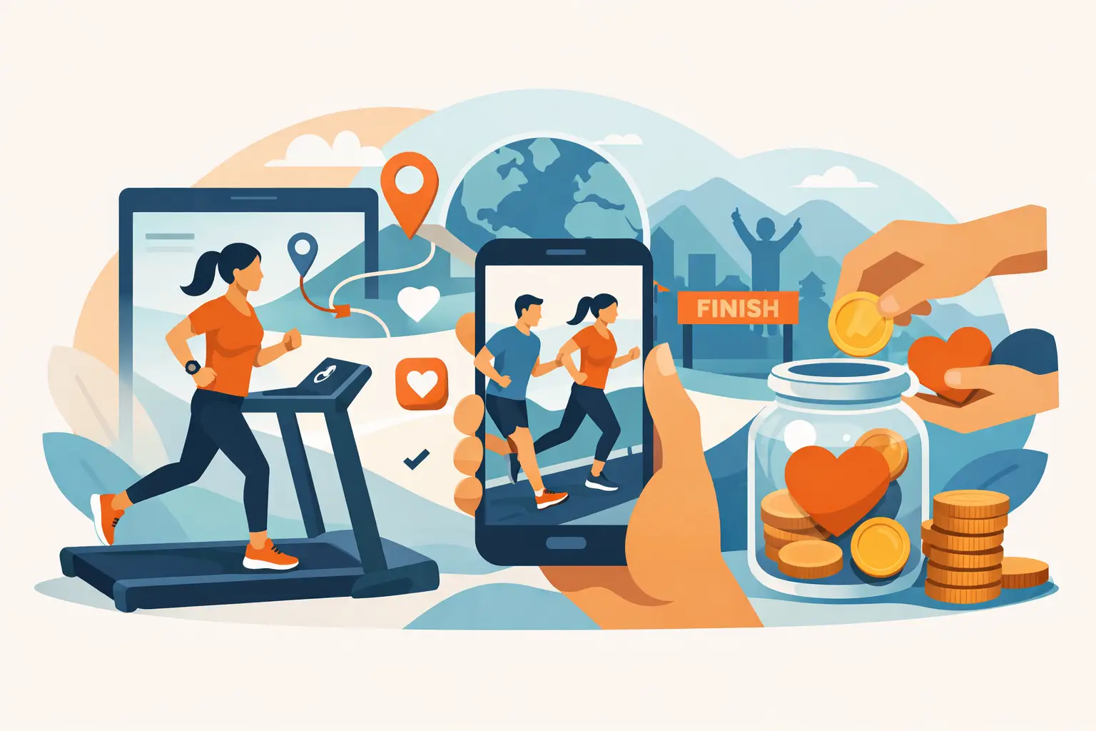 Fitness app tracking run with savings and heart