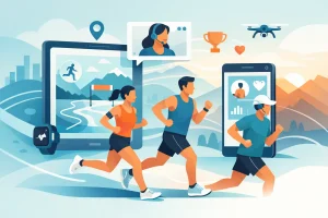 Runners using fitness apps and wearable technology outdoors