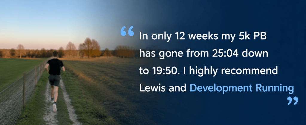 Runner on countryside path with testimonial text