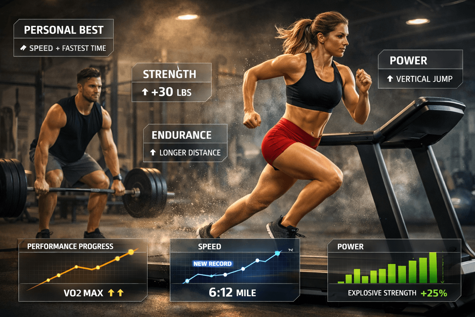 Woman sprinting on treadmill in modern gym