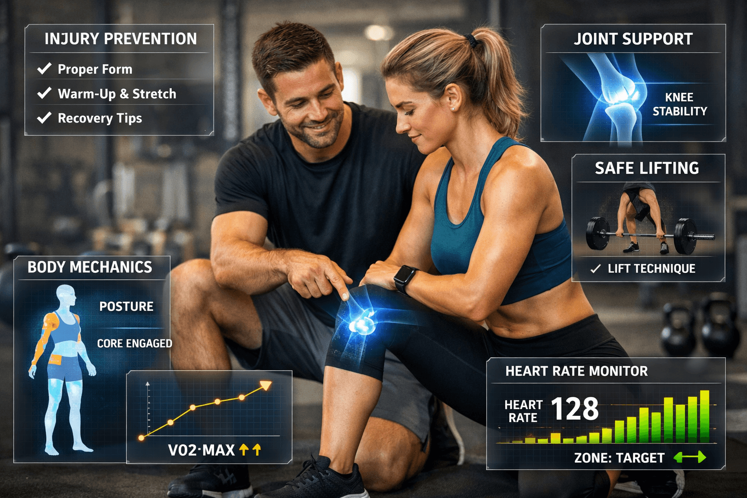 Personal trainer advising woman on knee support in gym