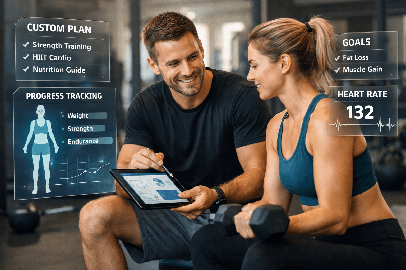Personal trainer reviewing fitness plan with client in gym