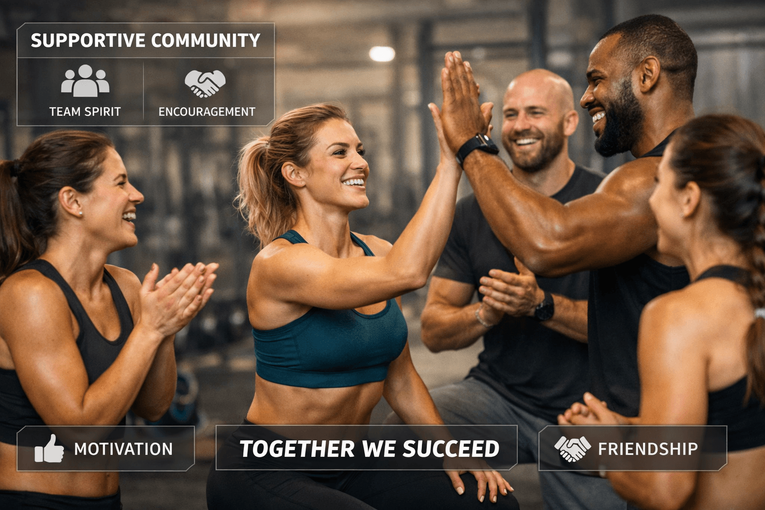 Gym friends high-fiving during group workout session