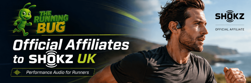 Runner wearing Shokz headphones outdoors promotional banner