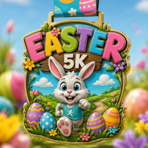 Colourful Easter 5K medal with running bunny